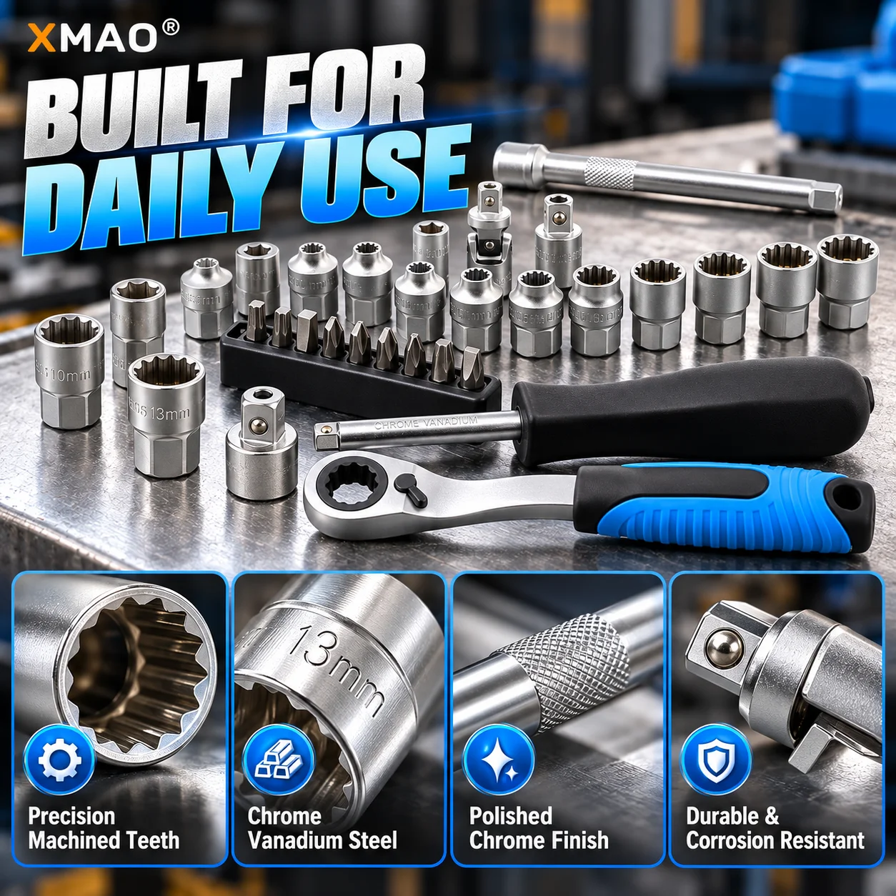 17/29PCS Spline Pass Through Ratchet Socket Set 12 Point Reversible Wrench Kit for Long Bolts Automotive Repair Hand Tool Set