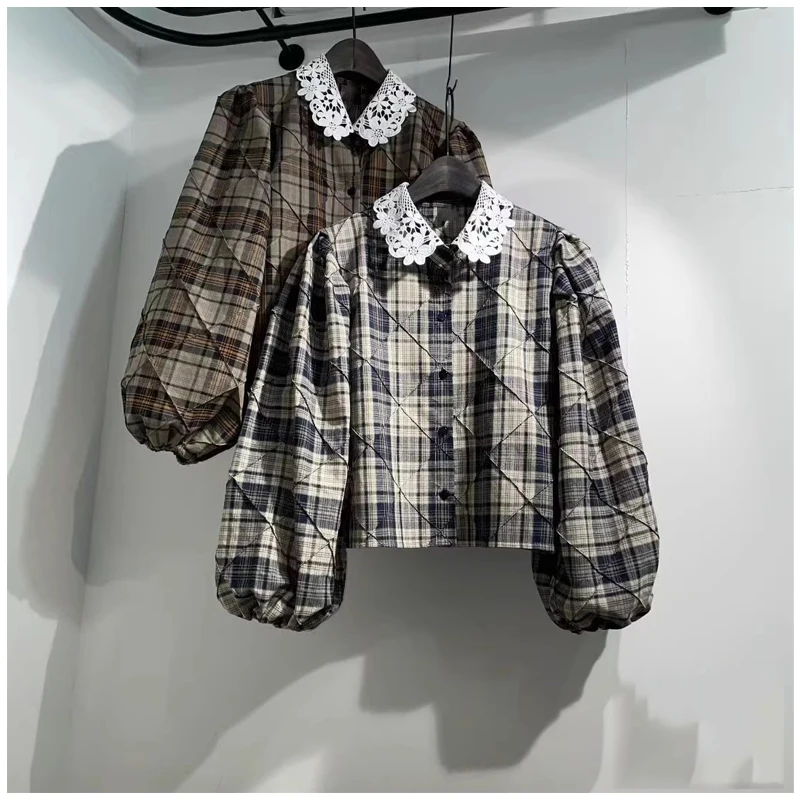 Korean Style Long Sleeve Shirt Women's Collar Bubble Sleeve Patchwork Lace Embroidery Plaid Splicing Vintage Top for Autumn W...