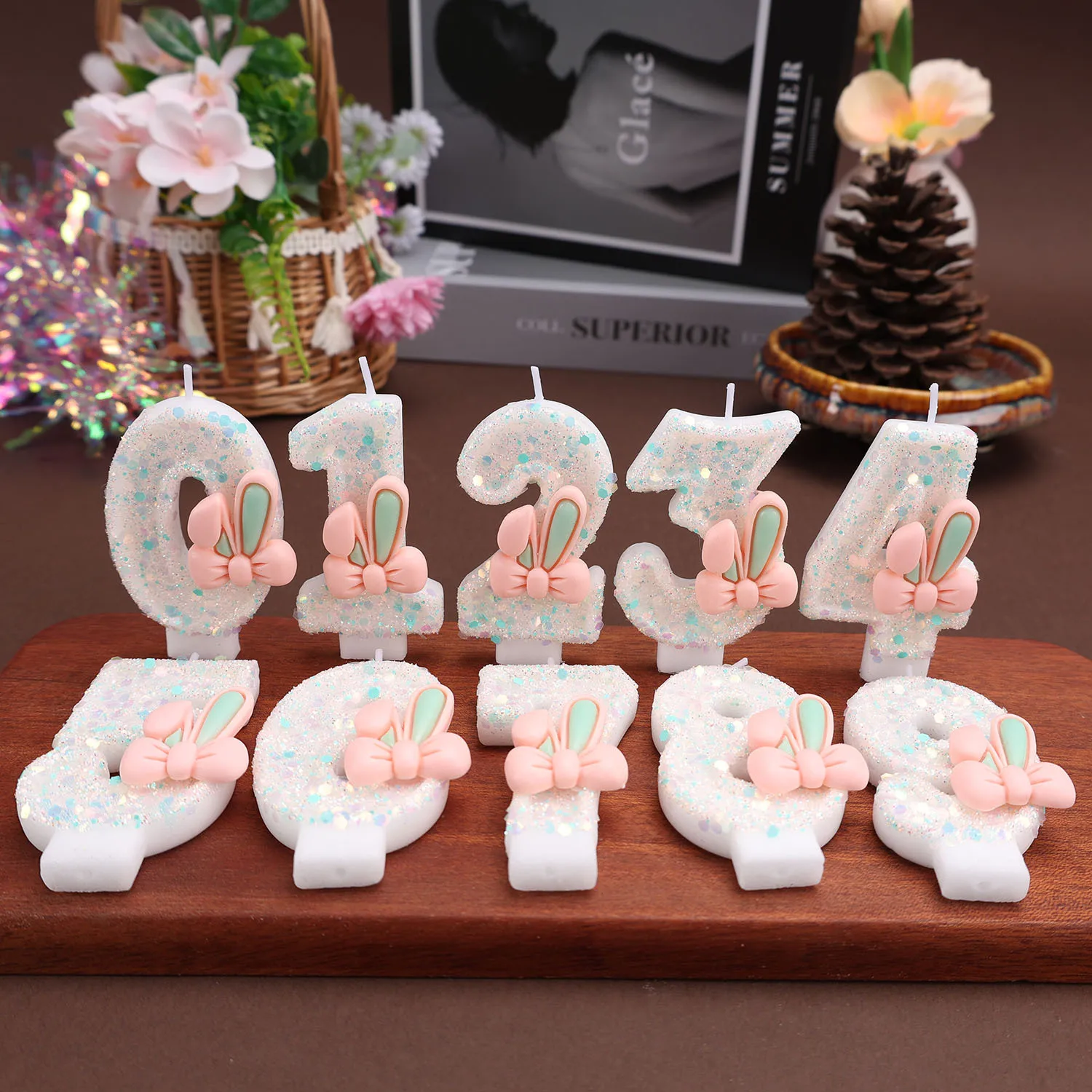 Transparent multicolored digital candles - Pink and green rabbit ear bow candles, holiday anniversary candles, party gifts