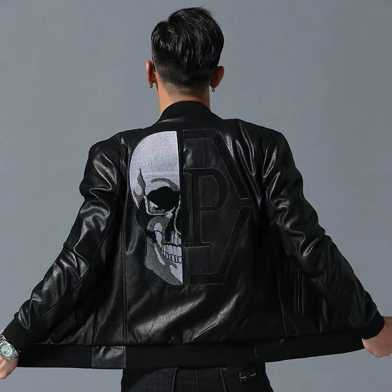 

2024 Skull Rhinestones PU Jackets Men High Street Style Stand-Neck Sudaderas Hombre Rib Sleeve Streetwear Mens Jackets and Coats