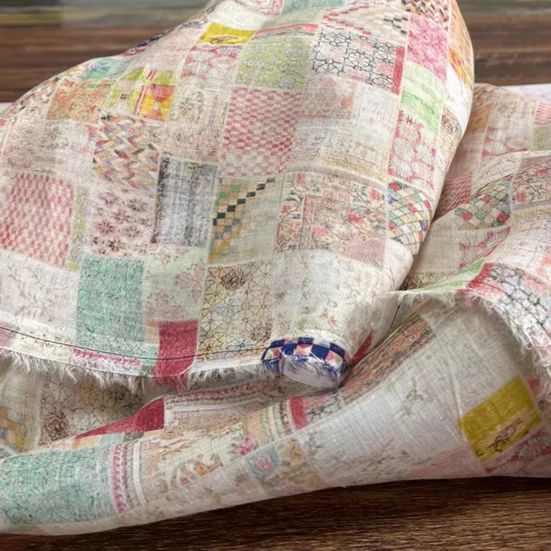 

1yard High quality New Style ramie fabric grid Painting telas Fashion Gown Dress fabrics for clothing