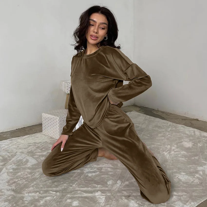 

Autumn Winter Leisure Pajama Sets for Women Silk Fabrics Pullover Long-Sleeves Tops+Pants Loose 2pcs Nightwear Female Sleepwear