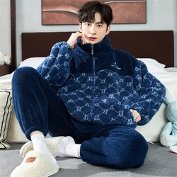 Letter Print Winter Warm Pajamas Set Men Stand Collar Coral Fleece Coat + Long Pants Sleepwear Men's Clothing 2 Piece Loungwear