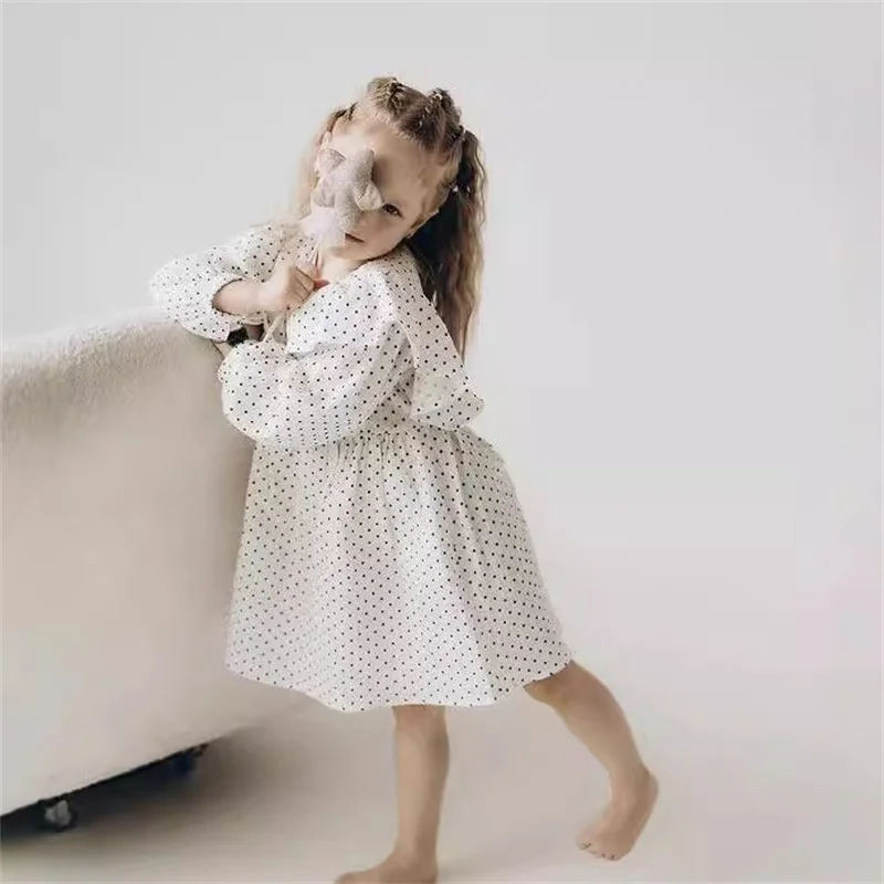 High Quality Girls Cotton And linen Small Polka Dots Spring And Autumn Flounces Skin-Friendly Dress Playful Princess Dress