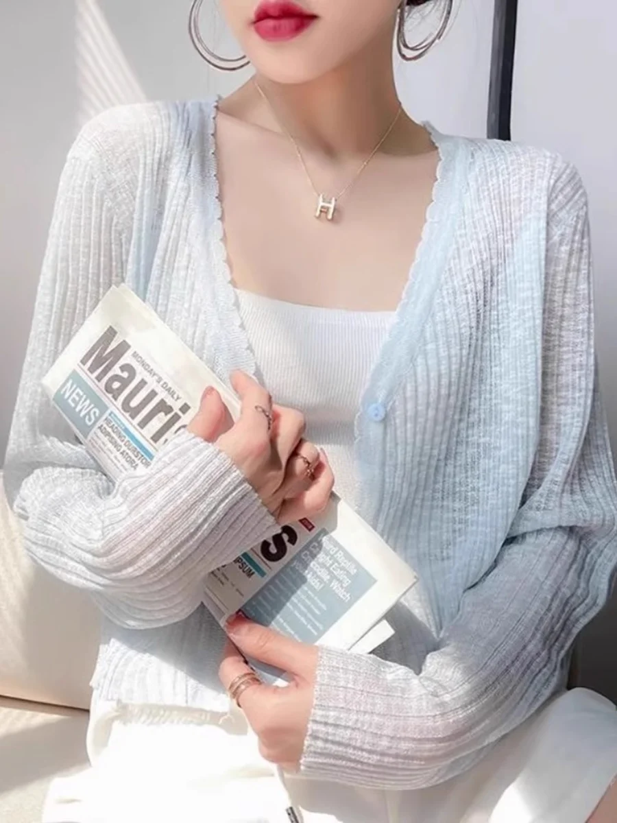 Lichtgewicht gebreid ijszijde zonbeschermingsvest dames zomer bijpassende ter rok luie airconditioner irt melk apr...