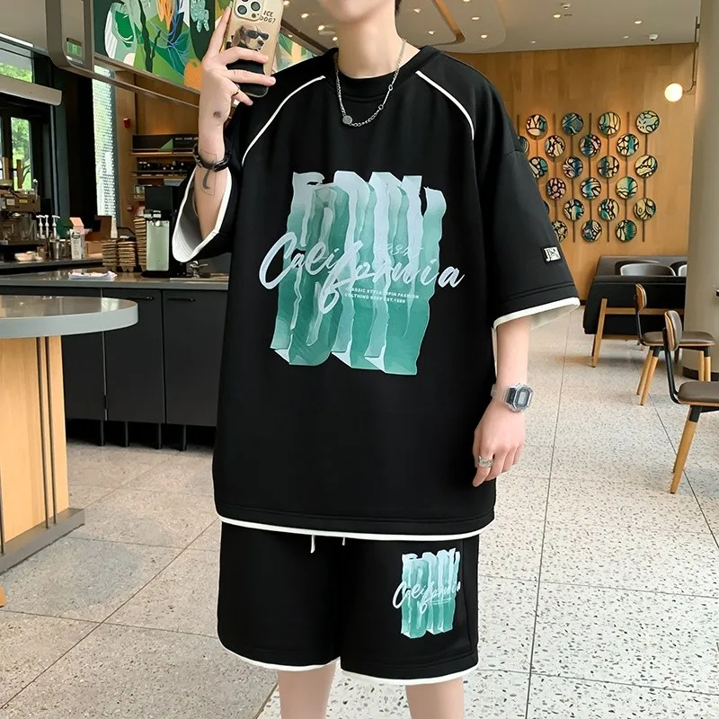 Ensemble t-shirt et short College en 3D pour hommes, survêtements trempés, tenue décontractée Harajuku, Streetwear, été, 2024