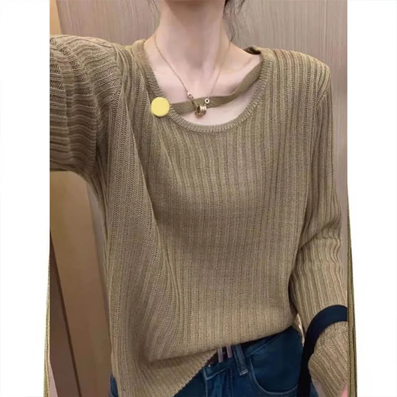 Women\'s Clothing Casual Loose Stomach Covering Tops Spring Autumn Elegant Fashion Hollow Out Knit Sweaters Solid Chic Pullovers