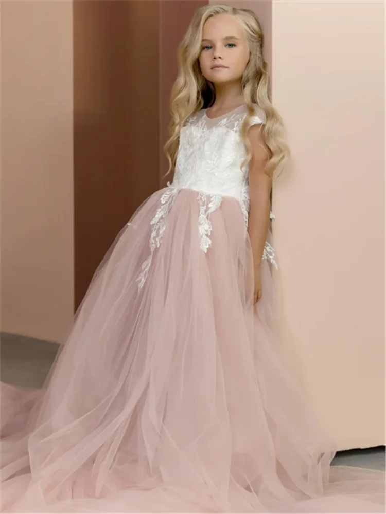 Vestido de princesa de manga curta para meninas, lindo laço de tule, estampado flores, primeira comunhão, aniversário surpresa, baile