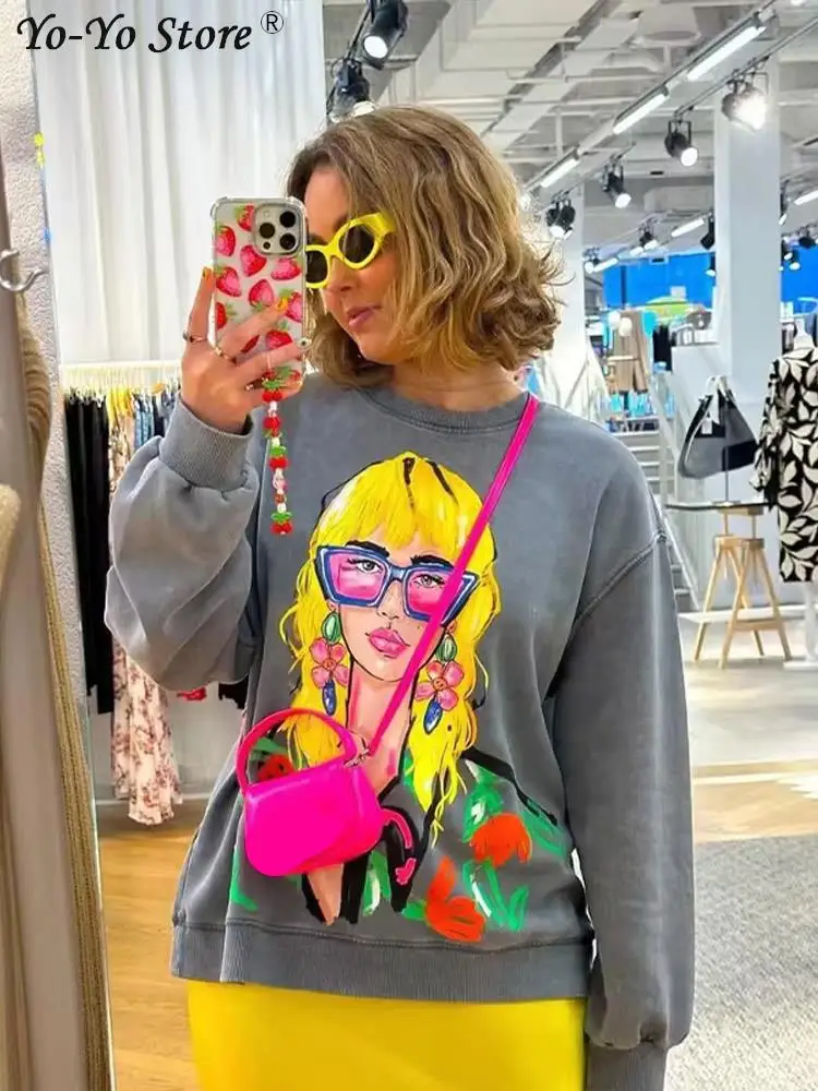 Cartoon Contrast Printed Sweatshirts Women Loose O-neck Long Sleeve Pullovers Female 2024 Spring Fashion Casual Ladies Top