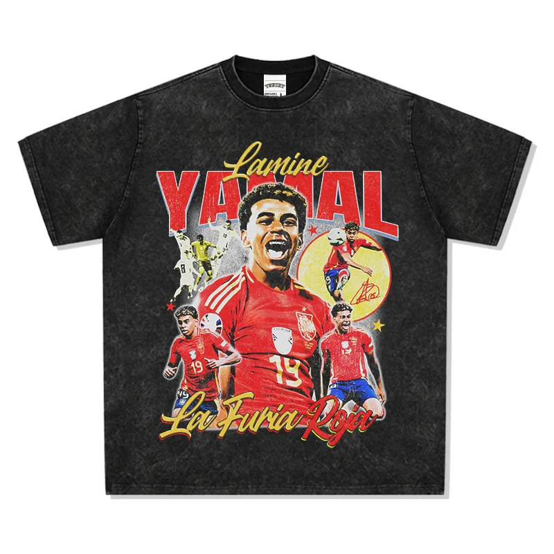 

2025 Yamal Football Star, American Street Hip-hop Trendy Brand, Retro Print, Aged Washed Pure Cotton Short-sleeved Shirt