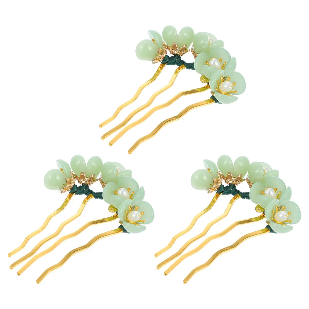 

3pcs Ancient Jade Hairpins Natural Glaze Colored Handcrafted Floral Design Hanfu Accessories Styling Stick Chignon