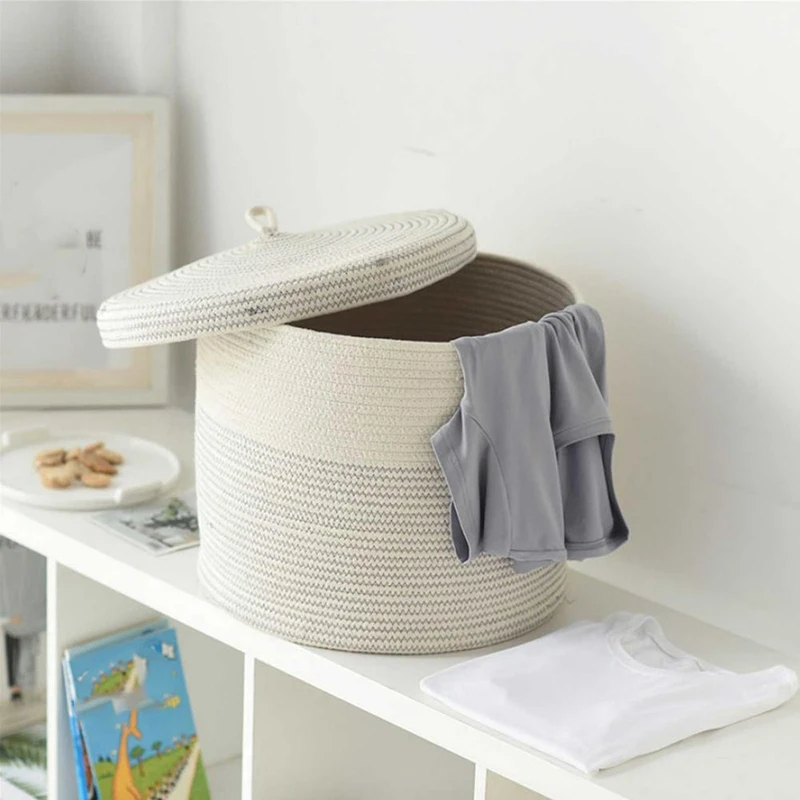 Cotton Rope Woven Laundry Basket with Lid Kids Plush Toys Storage Organizer Dirty Clothes Basket Sundries Storage Barrel