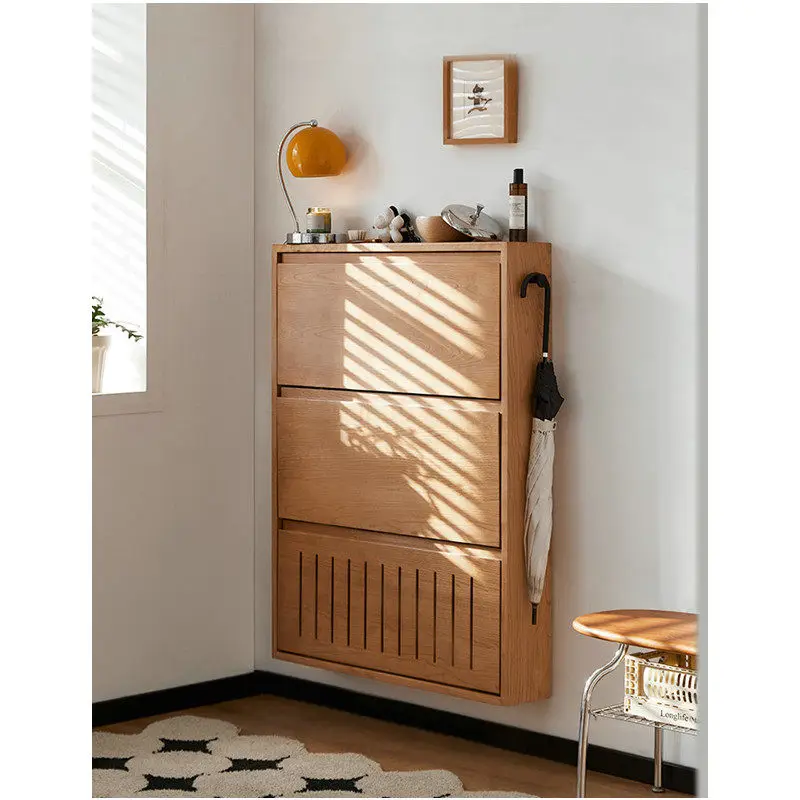 Solid wood shoe cabinet household indoor door narrow ultra-thin tipping bucket multi-functional cherry wood