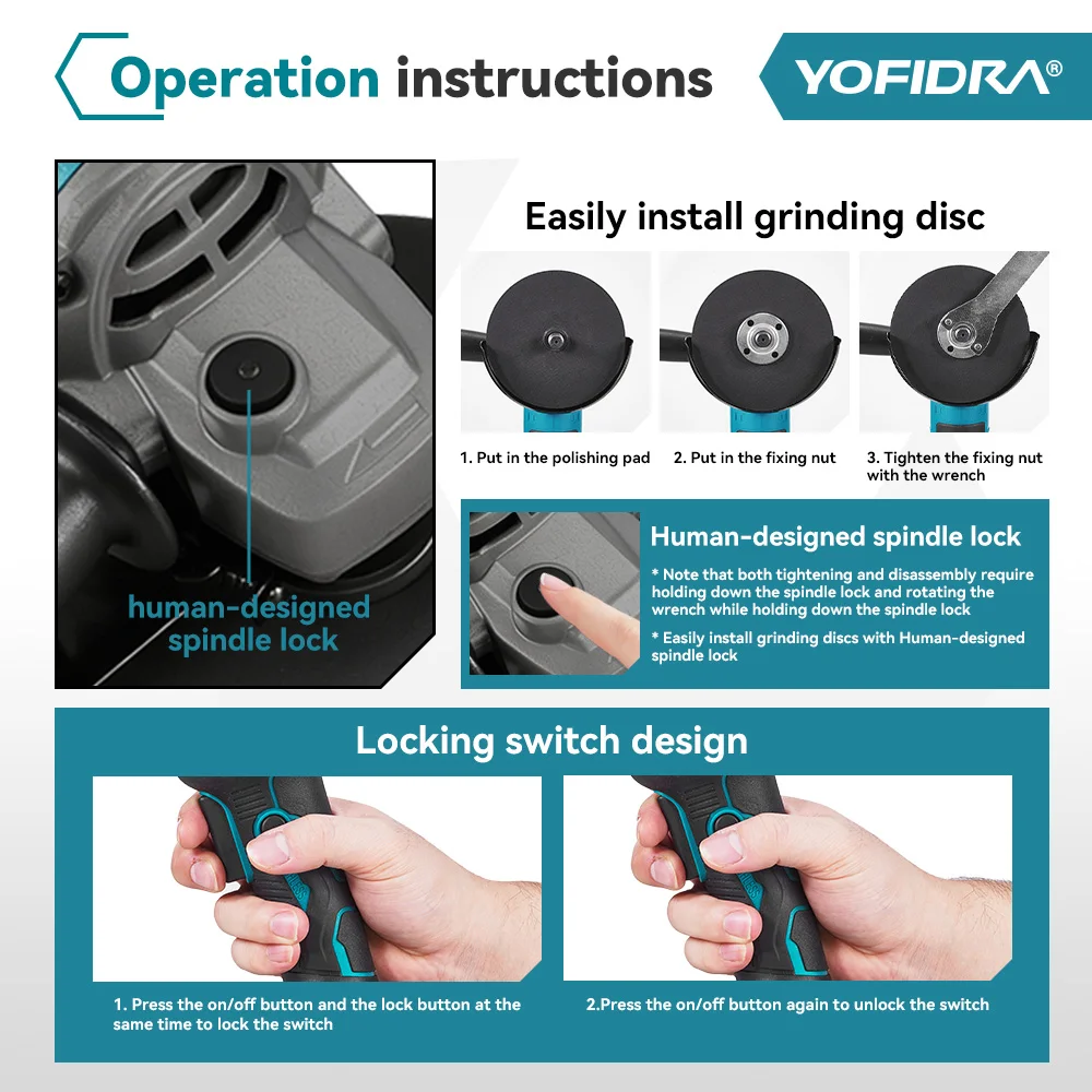 YOFIDRA 125 mm bürstenloser elektrischer Winkelschleifer 3 Geschwindigkeiten M14 Holzschleifen Polieren Schneidwerkzeug für Makita 21 V Batteriestift – Detail 10