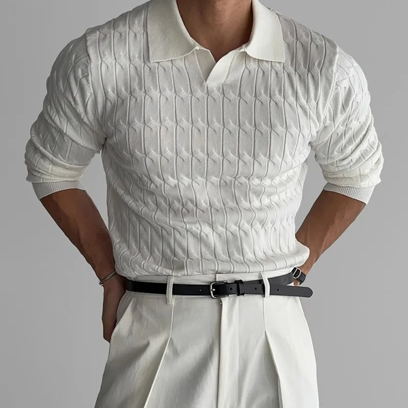 Mens Knit Sweater Polo Shirt V Neck Cable Stitch Business Collar Long Sleeve T Shirt  Winter Breathable Loose Fit Sweater