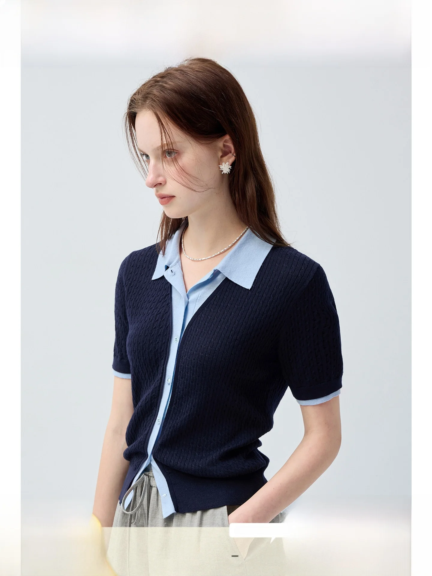 

plus Size Women's Knitted Short Sleeve T-Shirt Waist Cinched Slimming Patchwork Summer Versatile Micro plus Size Top