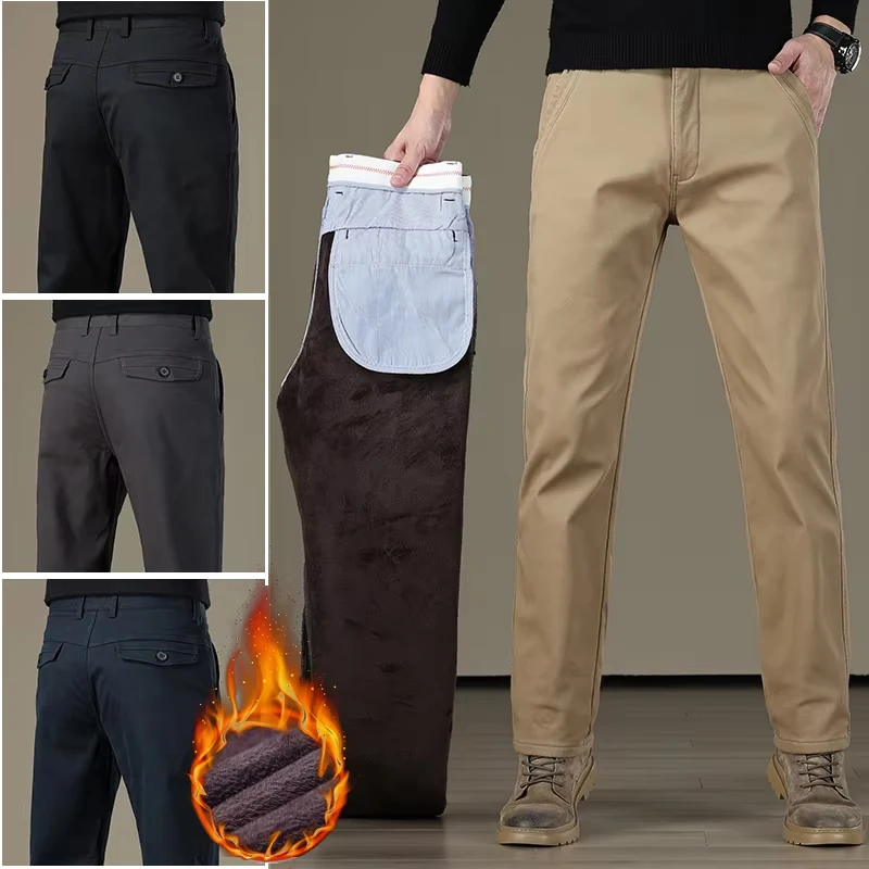 

Warm Fleece-Lined Utility Pants Men Thick Thermal Velvet Straight Leg Trousers Soft Durable Fabric Business Casual Plus Size