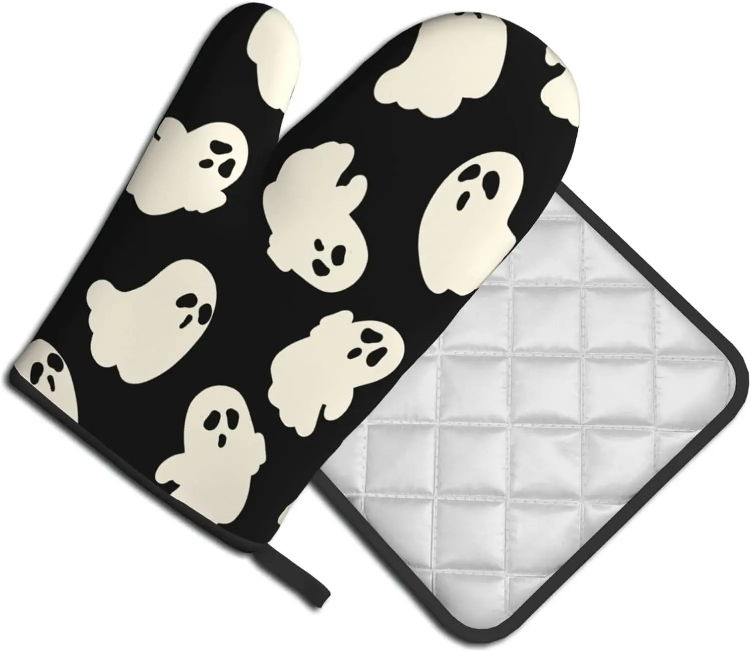 Halloween Oven Mitts and Pot Holders Sets Cute White Ghost Oven Mitts Heat Resistant Spooky Cartoon Kitchen Gloves Hot Pads