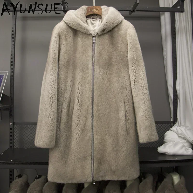 

AYUNSUE Real Fur Mink Jacket for Men Winter 2023 Luxury Natural Mink Fur Coat Hooded Mid-length Fur Jackets Casaco Masculino