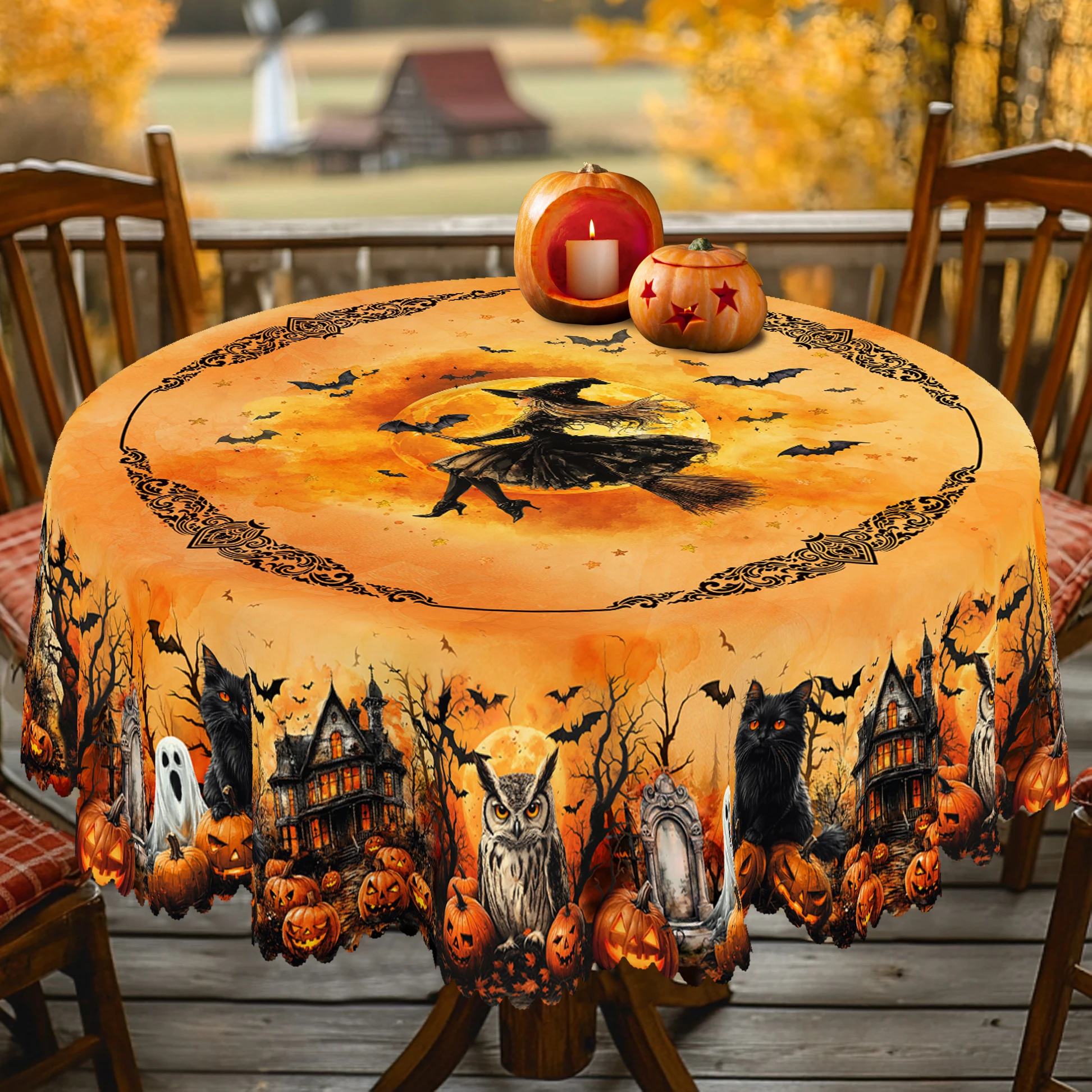 1 Piece of Orange Halloween-Themed Printed Tablecloth, Halloween and Day of the Dead Party Decoration; Mysterious Witch, Black Cat, Pumpkin, Haunted House Patterns, Party Gathering Courtyard Tablecloth Decoration, as a Gift for Friends or Loved Ones Who Enjoy Pranks, Available in Various Sizes, Suitable for Halloween Family Kitchens, Restaurant Terraces, Indoor and Outdoor Use Table Sets
