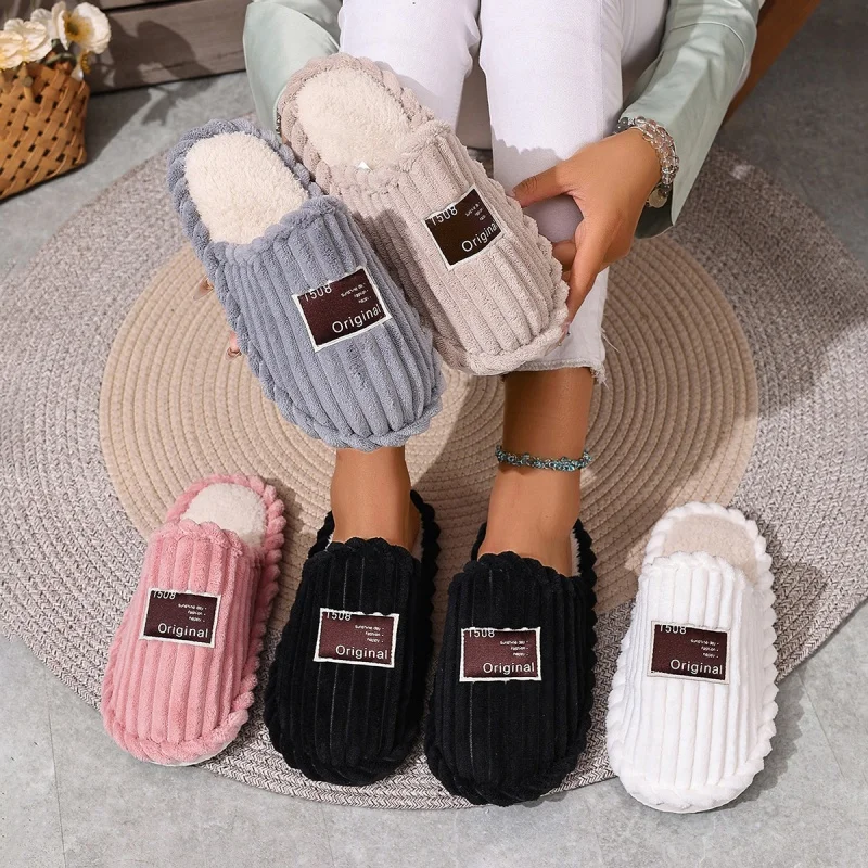 Unisex Thick Plush Closed Toe Slippers Warm Fuzzy Slip On House Shoes Solid Color Indoor Sandals For Women Men Cozy Home Slides