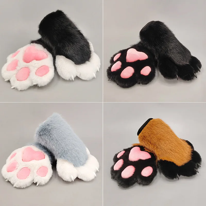 Unisex Furry Cat Paw Gloves Fursuit Kigurumi Hand Paws Resin Claw Squeaker Pad Cosplay Halloween Convention Party 10 Colors