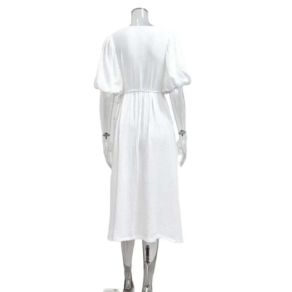 Dolce abito lungo da donna abiti con lacci scollo a V manica a sbuffo solido vita alta femminile una linea ufficio signora estate 2025 maxi abito