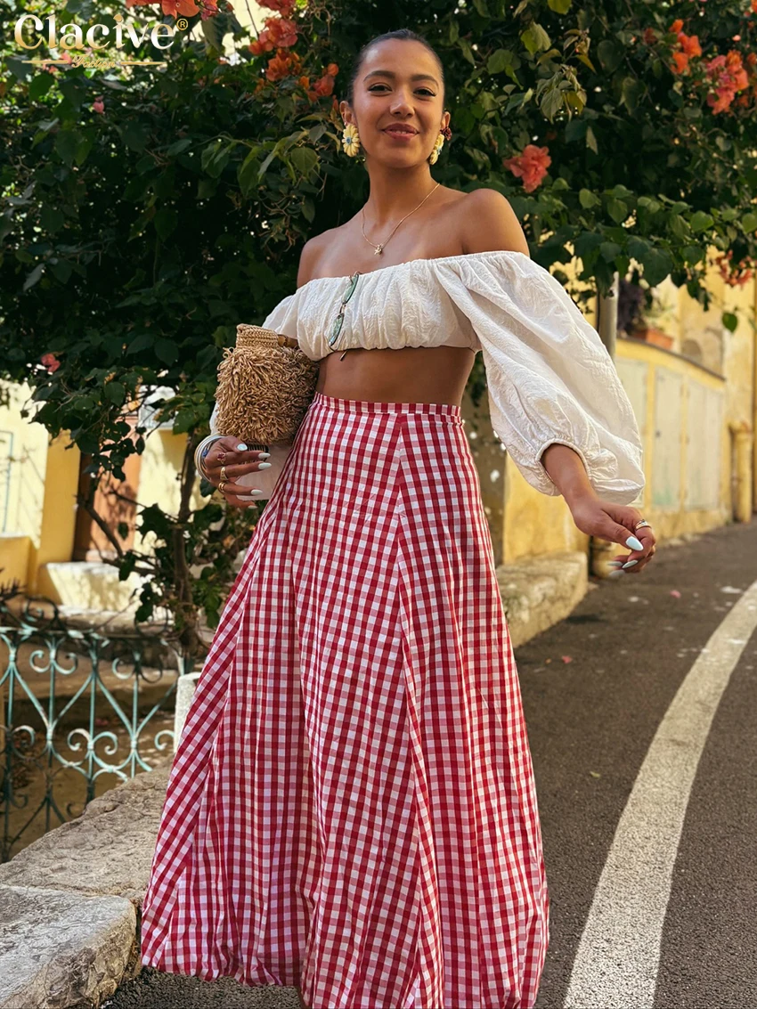 

Clacive Fashion Loose Red Plaid Women's Skirt 2026 Spring High Waist Long Skirts Elegant Classic Pleated Skirt Female Clothing