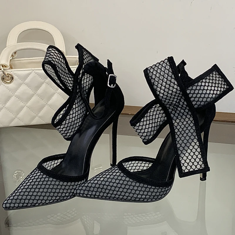 

Eilyken Butterfly-kont Polka Dot Breathable Mesh Pointed Toe Women Pumps Sexy Thin High Heels Buckle Strap Shoes