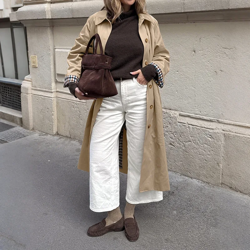 

Women Trench Coats Plaid Long Jackets Pocket Turn Down Collar Single Breasted Long Sleeve Loose Casual Office 2025 Autumn Winter
