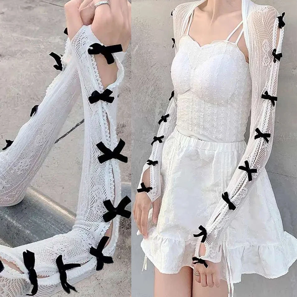 

Cute One-piece Lace Bow Sleeves Shawl Arm Warmer Lolita Sweet Jk Mesh Flock Oversleeve Sunscreen Fingerless Long Gloves Women