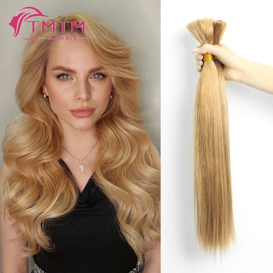 Caramel Blonde Straight Bulk Human Hair Extensions Real Natural Hair Remy Bulk Human Hair For Braiding 100G 16-28Inch For Salon