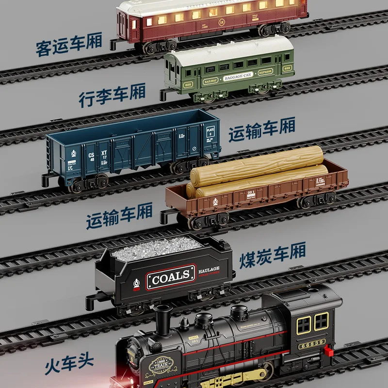 Tren de vapor eléctrico Retro para niños, juguetes clásicos, tren de carga ferroviario, pistas de alta velocidad, modelo de tren, juguetes para niños, regalo de Navidad
