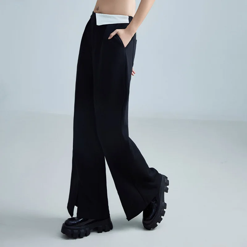 Women's Drapped Wide Leg Pants Black Long Trousers Cotton Elastic High Waist Split 2024 New Spring Autumn Streetwear with Pocket