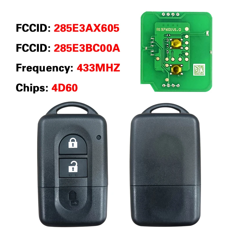 

CN027023 Aftermarket Remote Key for N-issan Xtrail Qashqai Micra K12E Note 433MHz 4D60 Chip Part No 285E3AX605 285E3BC00A