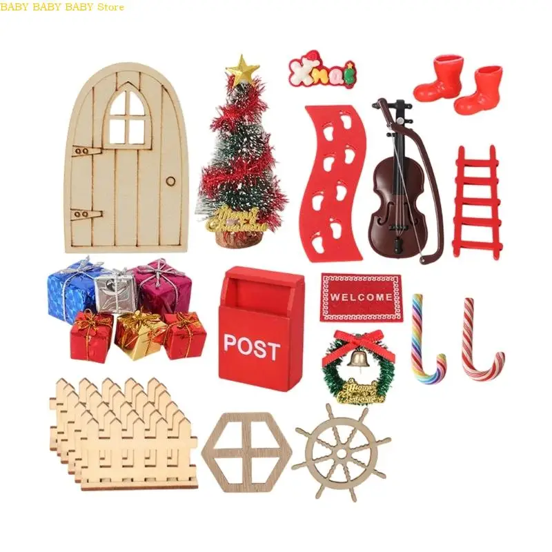 

Q81A Деревянная дверь Мини Рождественская елка Кукольные домики Аксессуары с праздничными украшениями