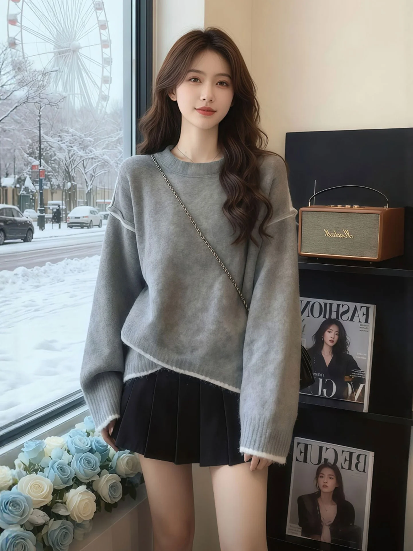 Suéter de Punto Cómodo e Informal para Mujer, Cuello Redondo, Manga Larga, Estilo Casual para el Invierno, Ajuste Hoado, Di...