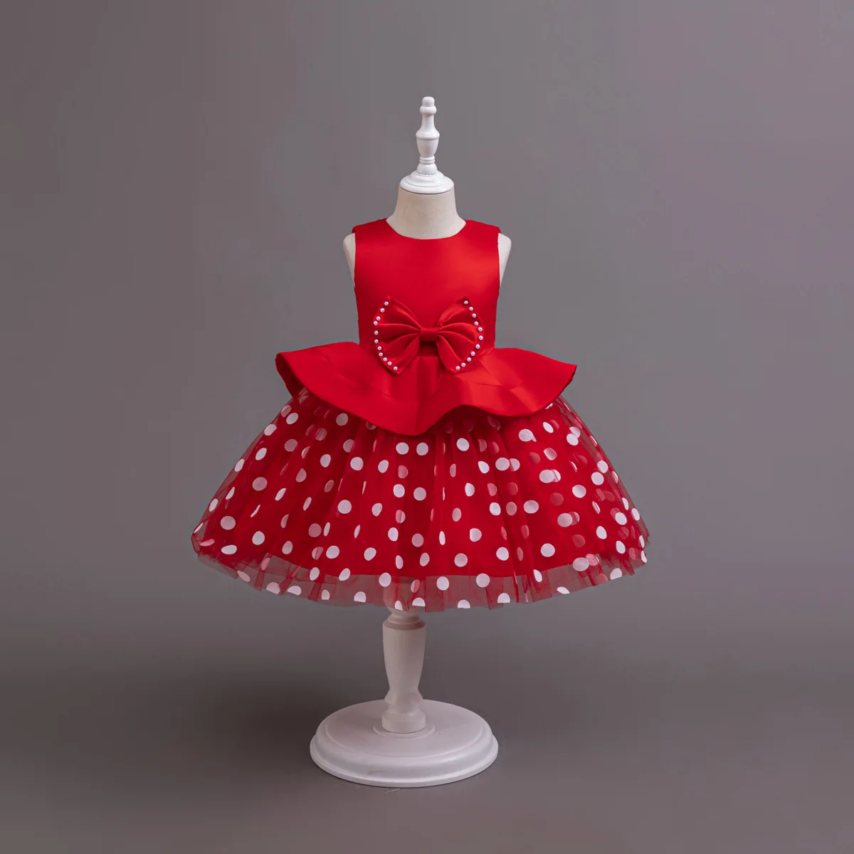 

Kid Sleeveless Satin Peplum Dress Pearl Embellished Bow Accent Polka Dot Tulle Girl Skirt Party Outfit Elegant Children Gown