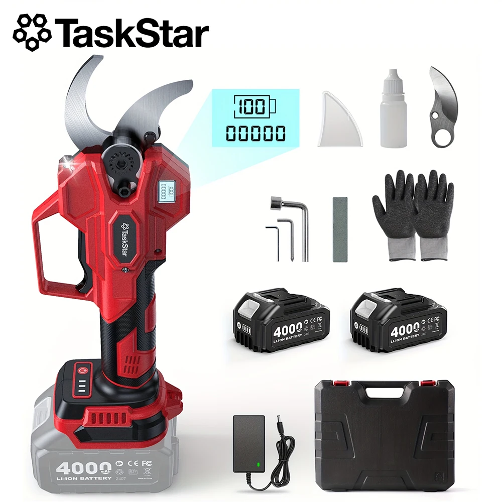TaskStar Cordless Pruning Shears with SK5 Blade 40MM Electric Scissors 3 Adjustable Modes 2 4000mAh Rechargeable Batteries Powered Trimmer for Cutting Tree Branches