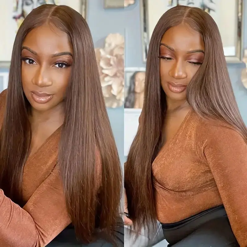 

13x4 Chocolate Brown Straight Lace Front Human Hair Wigs For Women Honey Brown 34 inches Transparent Lace Frontal Wigs