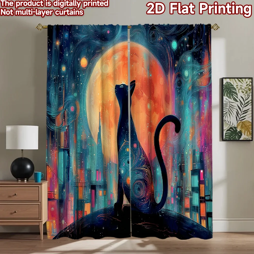 

2D flat printing 2pcs Window Curtains Cosmic Cat Cityscape Night Digital Printed Polyester Drapes Party Decorations for Holiday