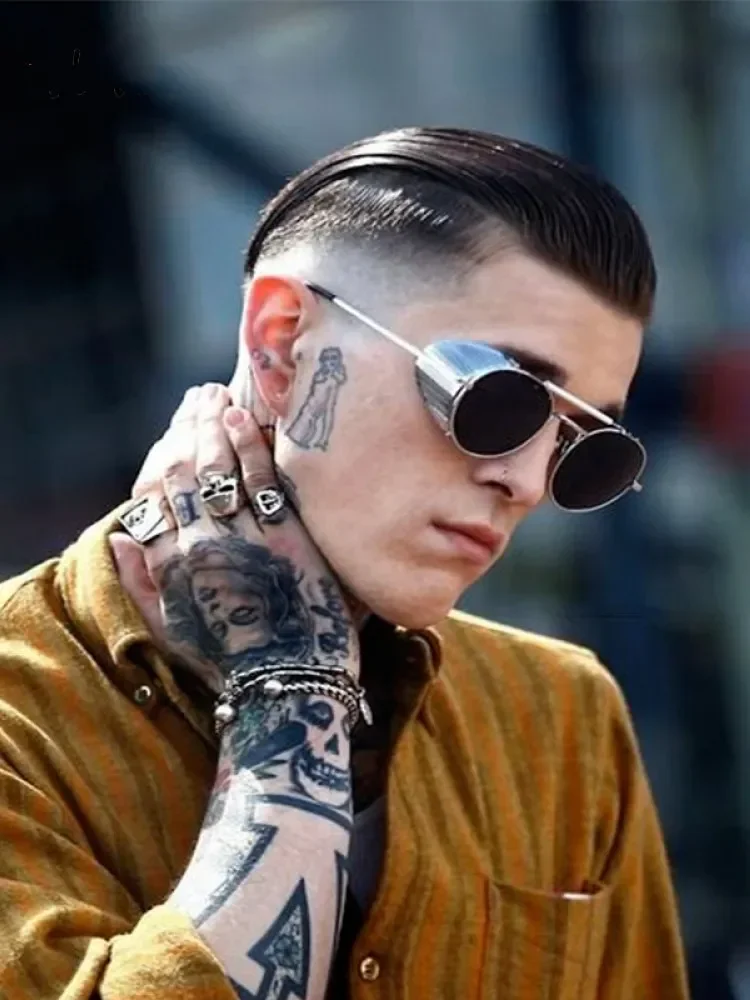 트렌디 레트로 스팀펑크 선글라스 남성 브랜드 디자이너 라운드 스팀펑크 합금 선글라스 여성용 UV400 고글