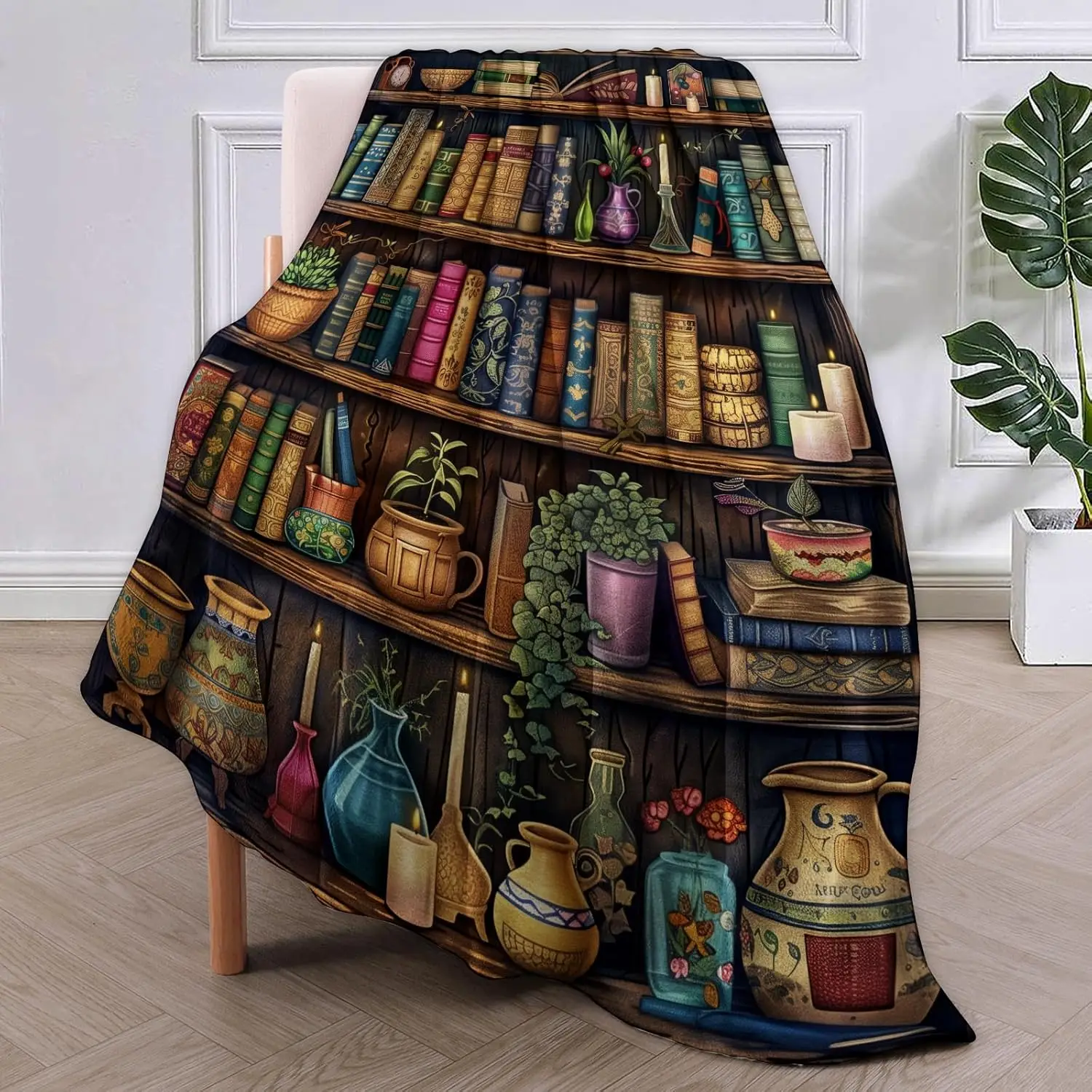 Vintage Bookshelf Blanket, Reading Fleece Throw with Antique Books and Decor, Soft Cozy Lightweight Blanket