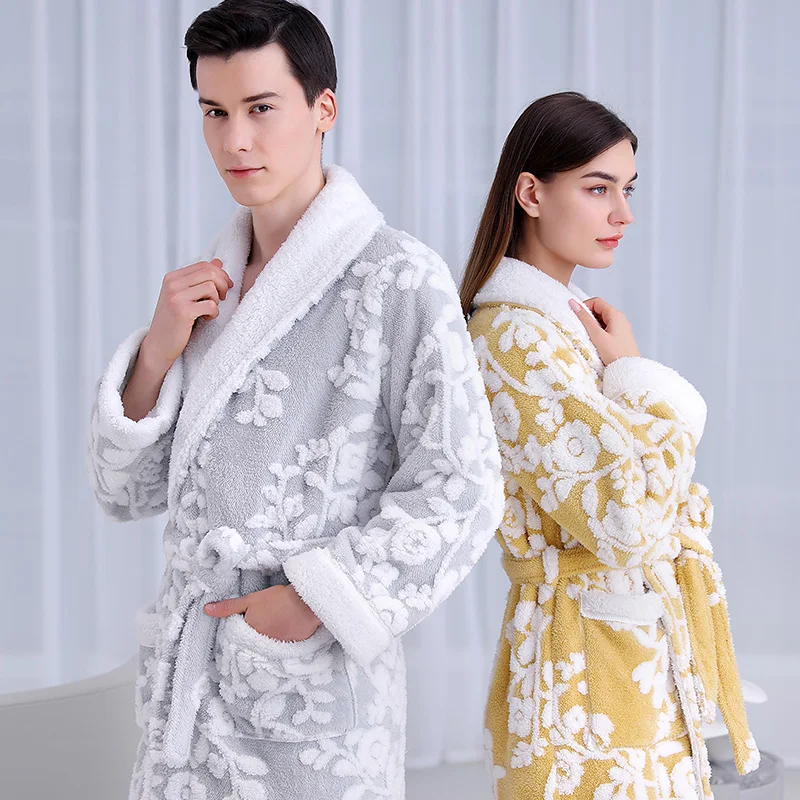 Jacquard Double Layer Thicken Robe Gown Women and Men Sleepwear Winter Warm Nightgown Coral Fleece Lovers\' Bathrobes Lingerie