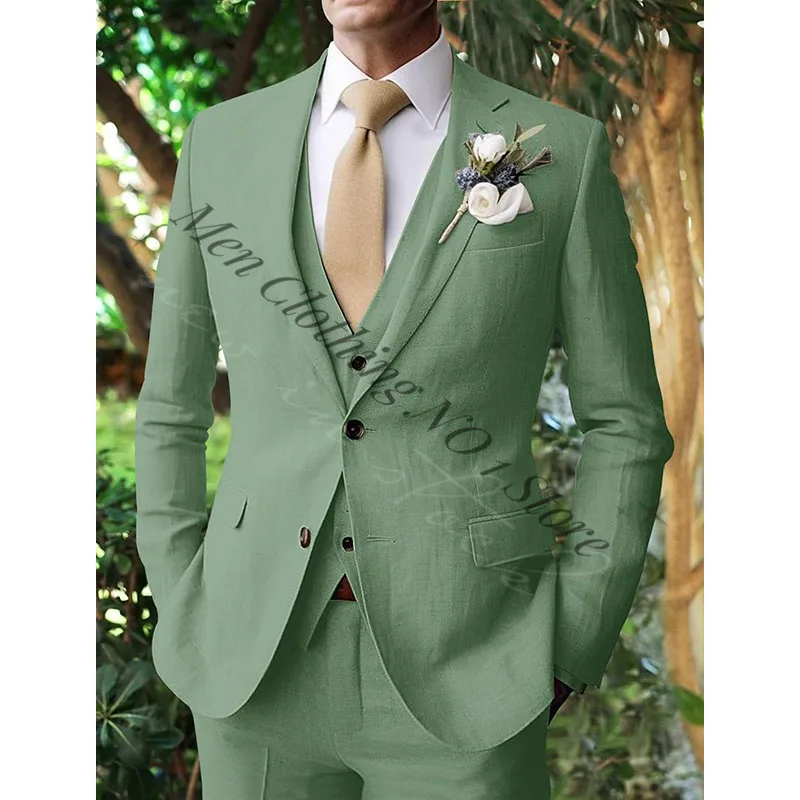 Sage Green Men\'s Linen Suits Summer Beach 3 Pieces Set (Blazer+Vest+Pant) Tailored Fit Two-buttons Notched Lapel Wedding Suits