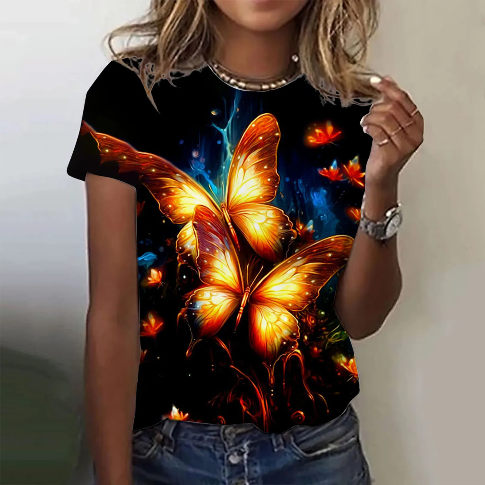 Sommer bunte Schmetterling Blumen T-Shirt 3D-Druck Frauen Kurzarm T-Shirts Streetwear Harajuku Y2k Tops Frau T-Shirts Kleidung
