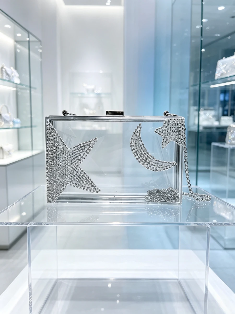Clear Acrylic Star Moon Rhinestone Rectangle Chain Clutch Luxury Dreamy Evening Purse Mature Women Wedding Party Formal Handbag