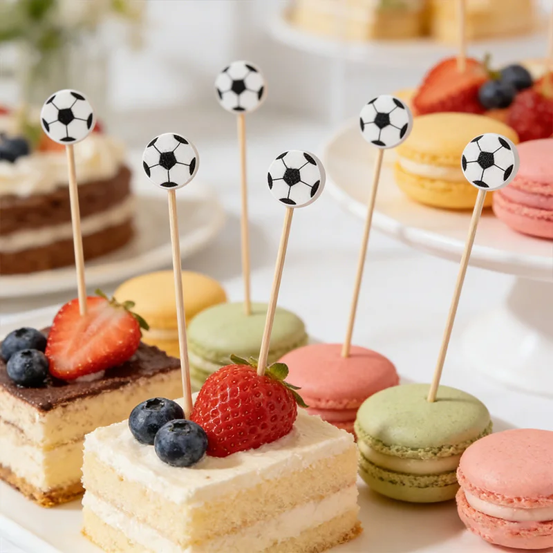 100PCS Football Bamboo Skewers Fruit Pearl Bamboo Skewers Sports Football Party Cake Dessert Cocktail Food Buffet Toothpick