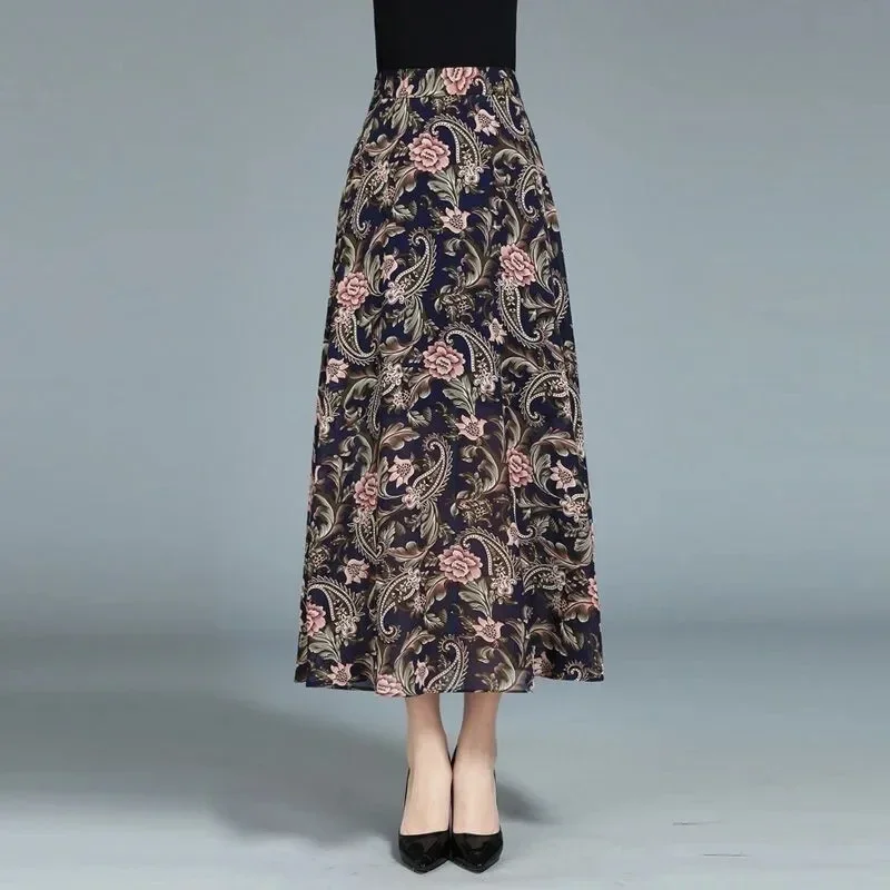 2025 primavera verão nova chiffon a linha saia feminina cintura alta divisão grande balanço saia floral casual all-match longo a linha saias
