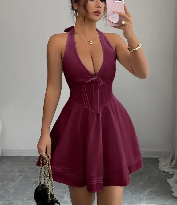 Estate 2025 nuove donne alla moda ed elegante temperamento colletto appeso gonna principessa gonna corta abito abbigliamento donna